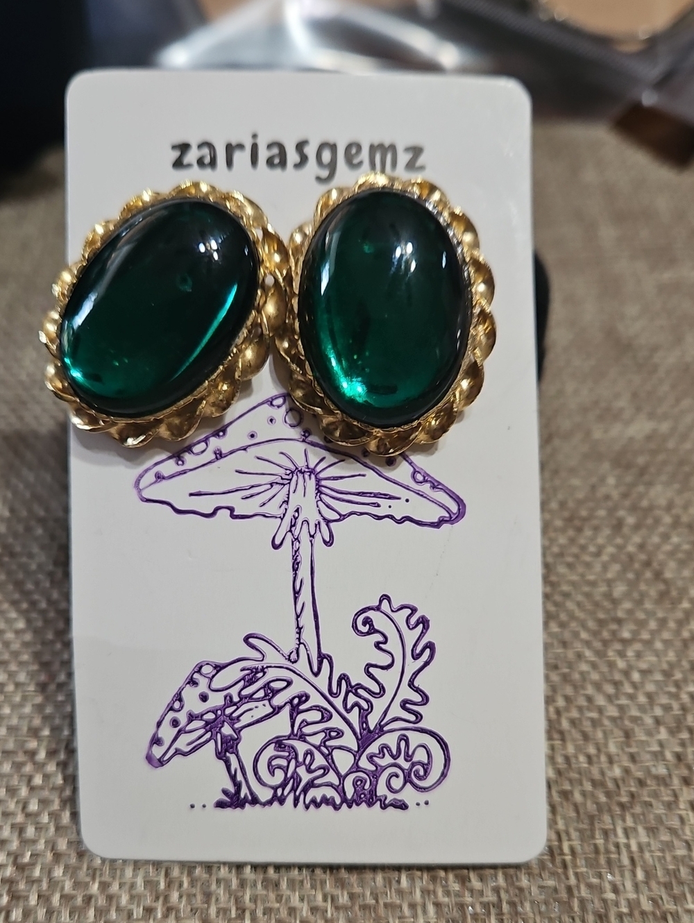 Green Glass Cabochon Gold-Tone Clip Earrings